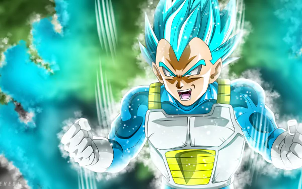 HD desktop wallpaper of Vegeta from Dragon Ball Super, featuring the character in a powerful, energized pose with a vibrant, dynamic background.