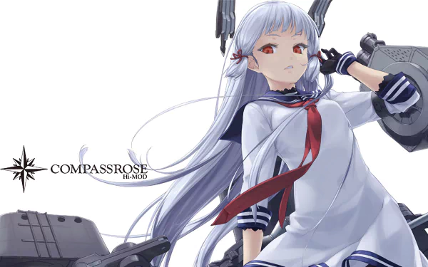 HD PC wallpaper: Murakumo (Kancolle) from Kantai Collection — anime-style silver‑haired ship girl in a white sailor outfit with naval armaments on a clean white background.