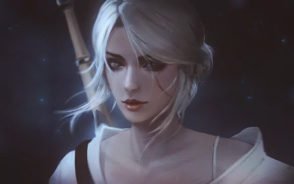 HD wallpaper featuring Ciri from The Witcher 3: Wild Hunt, showcasing her iconic look with silver hair and intense gaze against a dark background.