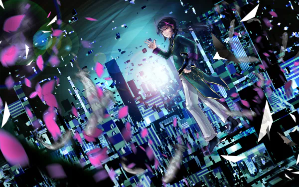 Lie Ren from RWBY in a neon cityscape with falling petals and confetti, striking a dynamic anime pose — 2K Quad HD PC desktop wallpaper/background.