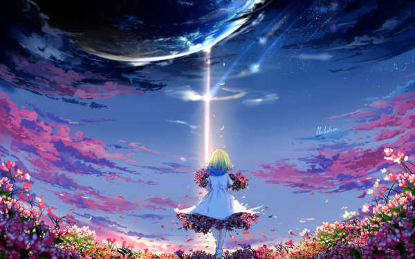 Anime Original Planet Flower Dress Sky Short Hair HD Wallpaper | Background Image