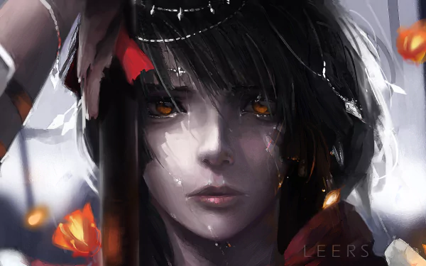An anime-style character with orange eyes and short black hair stares intently forward. The background features HD artistic elements, creating a striking and immersive wallpaper.