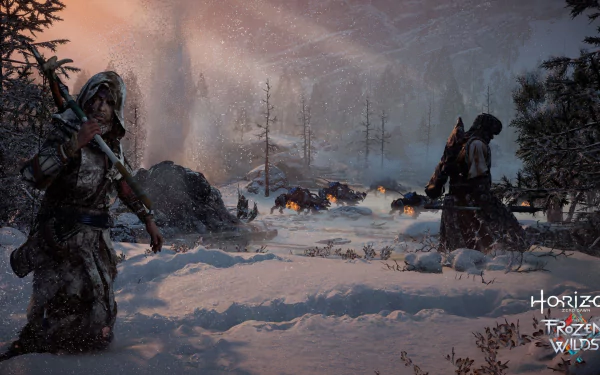 HD PC desktop wallpaper from the video game Horizon Zero Dawn: The Frozen Wilds, depicting two characters in a snowy, misty wilderness setting.