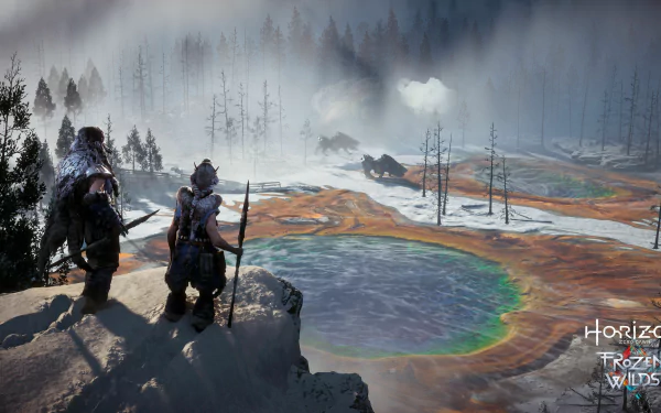 Horizon Zero Dawn: The Frozen Wilds 4K Ultra HD PC wallpaper showing two characters overlooking a misty, icy landscape with geothermal pools and barren trees.