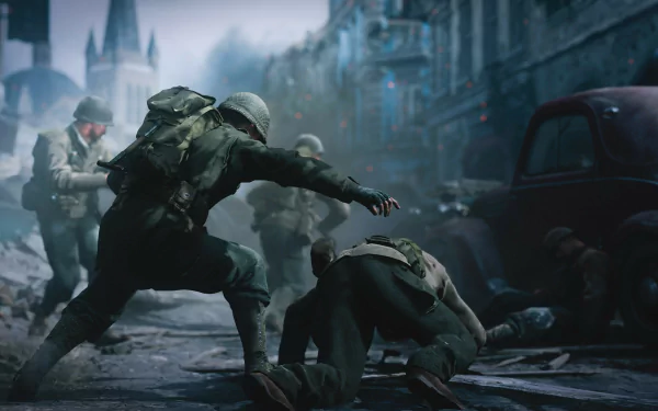 HD desktop wallpaper featuring a dramatic scene from the video game Call of Duty: WWII, with soldiers in an intense battle on a war-torn street.