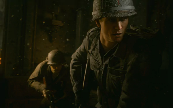 HD desktop wallpaper from Call of Duty: WWII featuring two soldiers in combat gear within a dimly lit war setting.