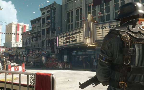 A HD desktop wallpaper featuring a scene from Wolfenstein II: The New Colossus, showcasing a soldier overlooking a vibrant city square filled with banners and decorations.