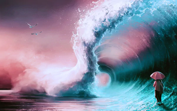 Artistic fantasy HD wallpaper featuring an ocean wave approaching a couple holding an umbrella, set against a dramatic blue sky.
