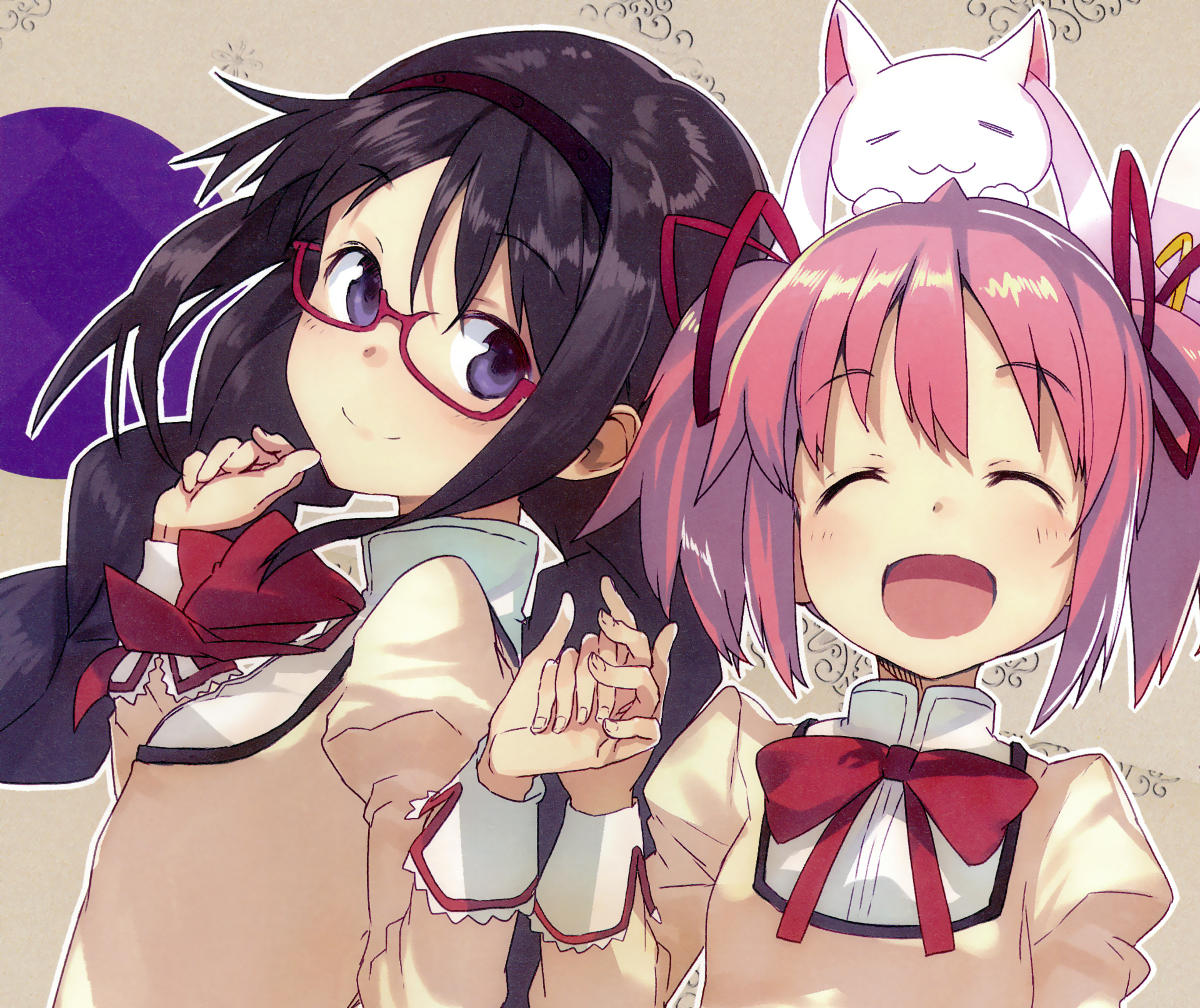 HD PC desktop wallpaper featuring anime characters Madoka Kaname and Homura Akemi from Puella Magi Madoka Magica, with Kyuubey in the background.