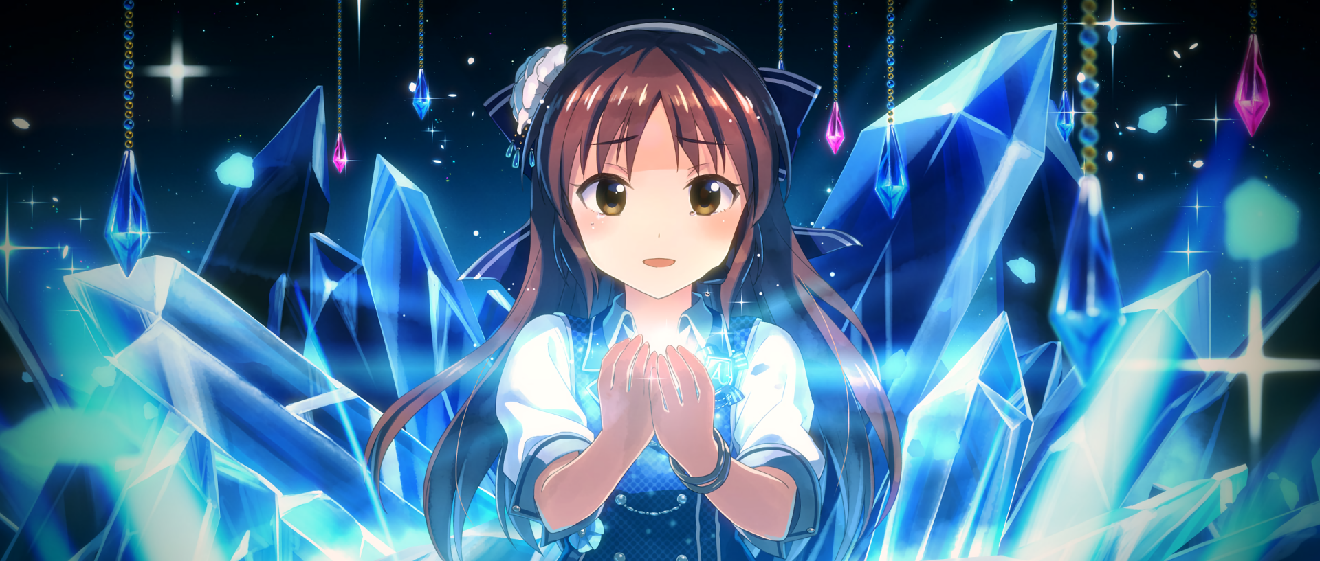HD PC wallpaper featuring Arisu Tachibana from The iDOLM@STER Cinderella Girls anime, surrounded by glowing crystals in a vibrant, magical setting.