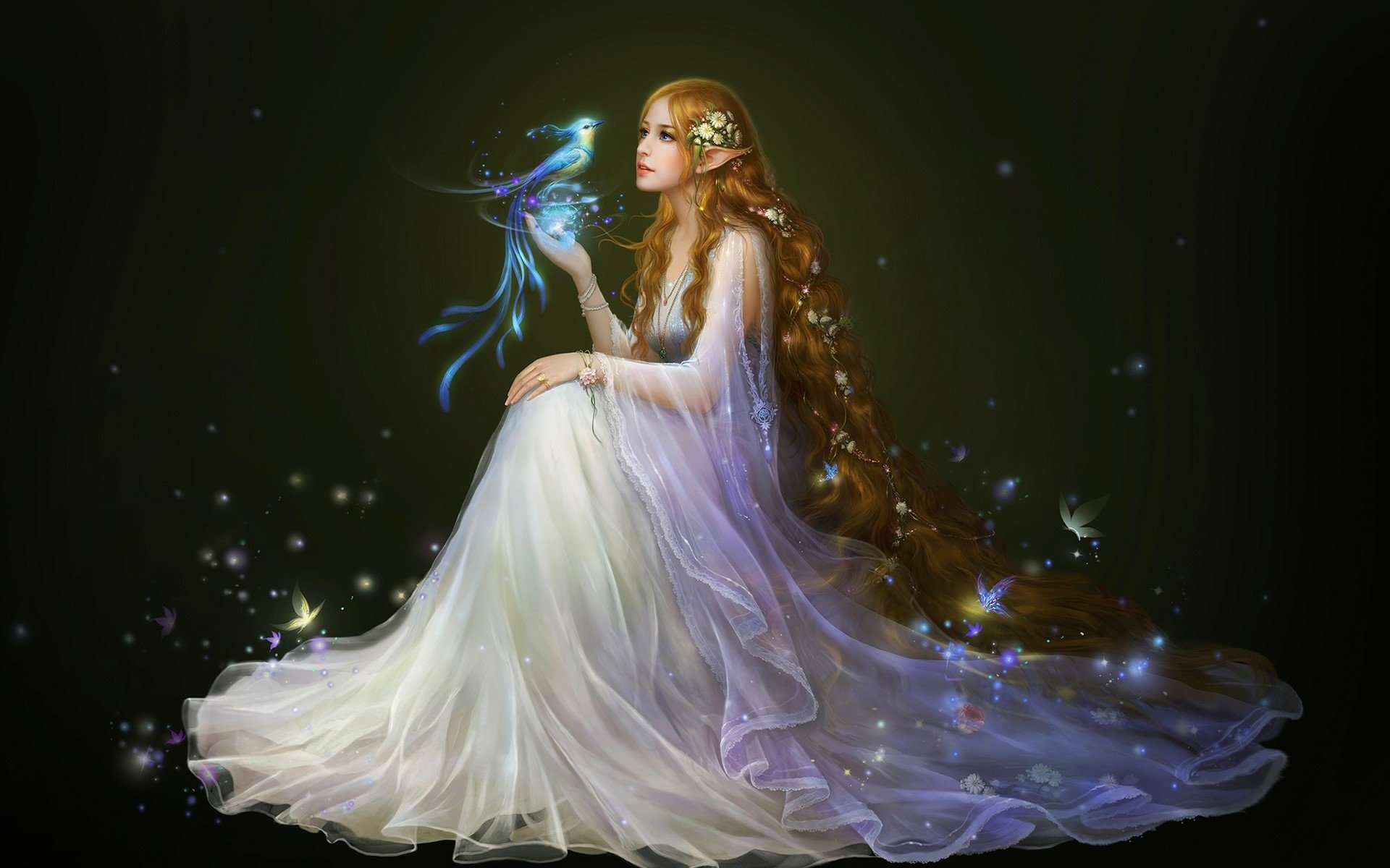 A fantasy elf with long orange hair and blue eyes sits gracefully, surrounded by glowing butterflies, creating a magical HD desktop wallpaper.