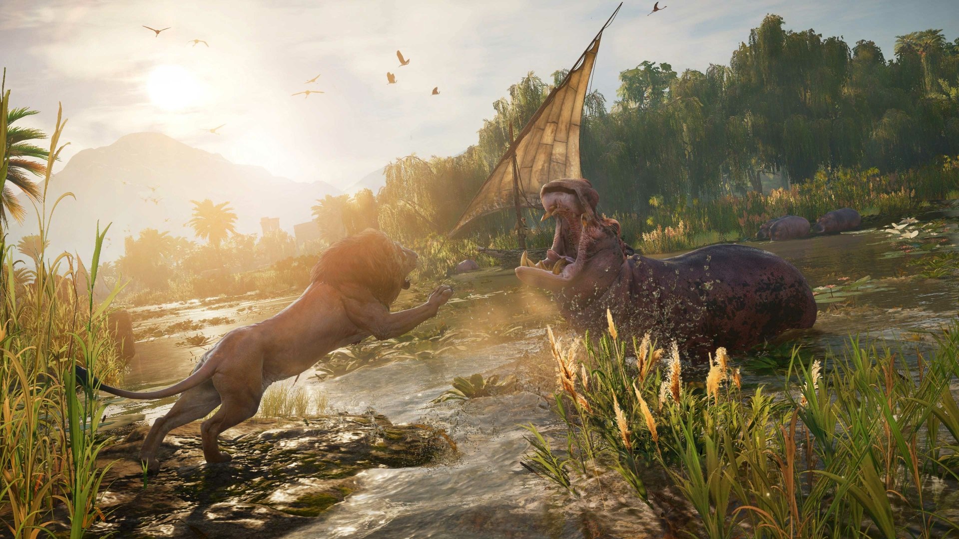 4K Ultra HD Assassin's Creed Origins wallpaper featuring a hippo and lion interacting in a sunlit, lush riverside landscape.