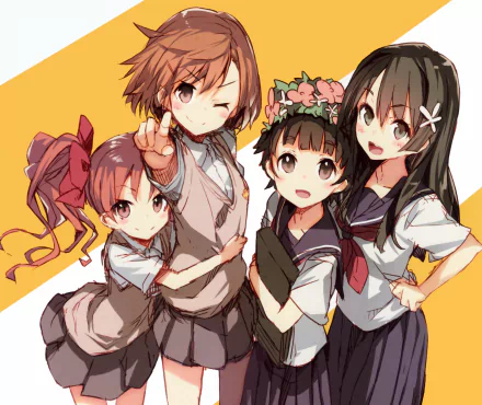 Anime HD wallpaper featuring Kazari Uiharu, Kuroko Shirai, Ruiko Saten, and Mikoto Misaka in school uniforms with short brown hair and brown eyes from A Certain Scientific Railgun.