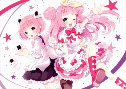 blue eyes apron maid star bow (Clothing) wink long hair blush smile pink hair short hair onigiri Anime Original HD Desktop Wallpaper | Background Image