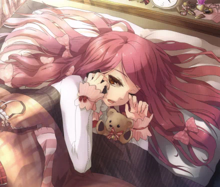 Anime-style artwork of a long pink-haired girl with brown eyes winking, holding a phone and a teddy bear adorned with a bow, wearing socks in a cozy setting.