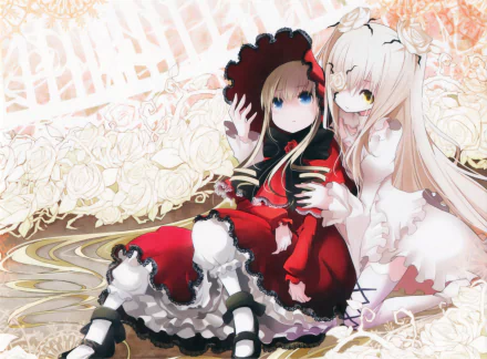 4K Ultra HD anime wallpaper featuring Kirakishou and Shinku from Rozen Maiden, set against a delicate floral and lace background.