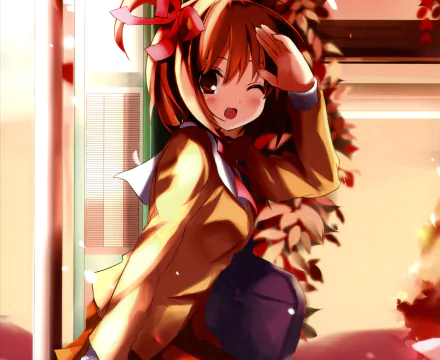 brown eyes wink bag bow (Clothing) smile blush short hair Anime Original HD Desktop Wallpaper | Background Image