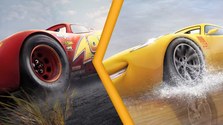 Lightning McQueen and Cruz Ramirez race through a dramatic backdrop in this vibrant 4K Ultra HD wallpaper from the movie Cars 3, showcasing their thrilling journey.