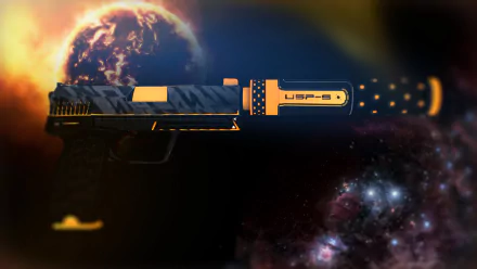 HD PC desktop wallpaper of a USP-S from Counter-Strike: Global Offensive — stylized blue-and-gold pistol with silencer floating against a fiery planet and nebula space background, video game art.