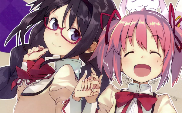 HD PC desktop wallpaper featuring anime characters Madoka Kaname and Homura Akemi from Puella Magi Madoka Magica, with Kyuubey in the background.