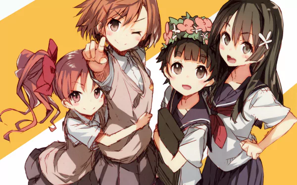 Anime HD wallpaper featuring Kazari Uiharu, Kuroko Shirai, Ruiko Saten, and Mikoto Misaka in school uniforms with short brown hair and brown eyes from A Certain Scientific Railgun.