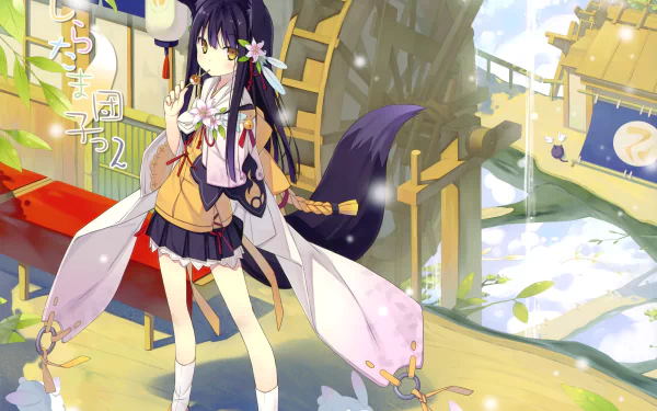 Kuromitsu Nene anime girl with long dark hair and fox tail on a sunlit riverside walkway, floral hairpins and school-style outfit — 4K Ultra HD PC desktop wallpaper and background.