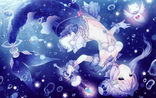 Anime Mermaid Short Hair Wand Cat Bubble Blue Eyes Beads Crown HD Wallpaper | Background Image