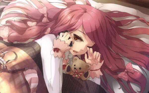 Anime-style artwork of a long pink-haired girl with brown eyes winking, holding a phone and a teddy bear adorned with a bow, wearing socks in a cozy setting.