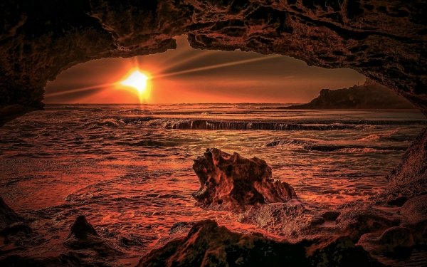 Earth Cave Caves Sunset Ocean Sea Horizon Sun HD Wallpaper | Background Image