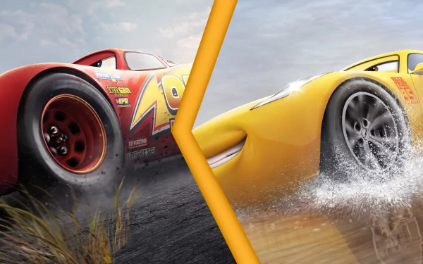Lightning McQueen and Cruz Ramirez race through a dramatic backdrop in this vibrant 4K Ultra HD wallpaper from the movie Cars 3, showcasing their thrilling journey.