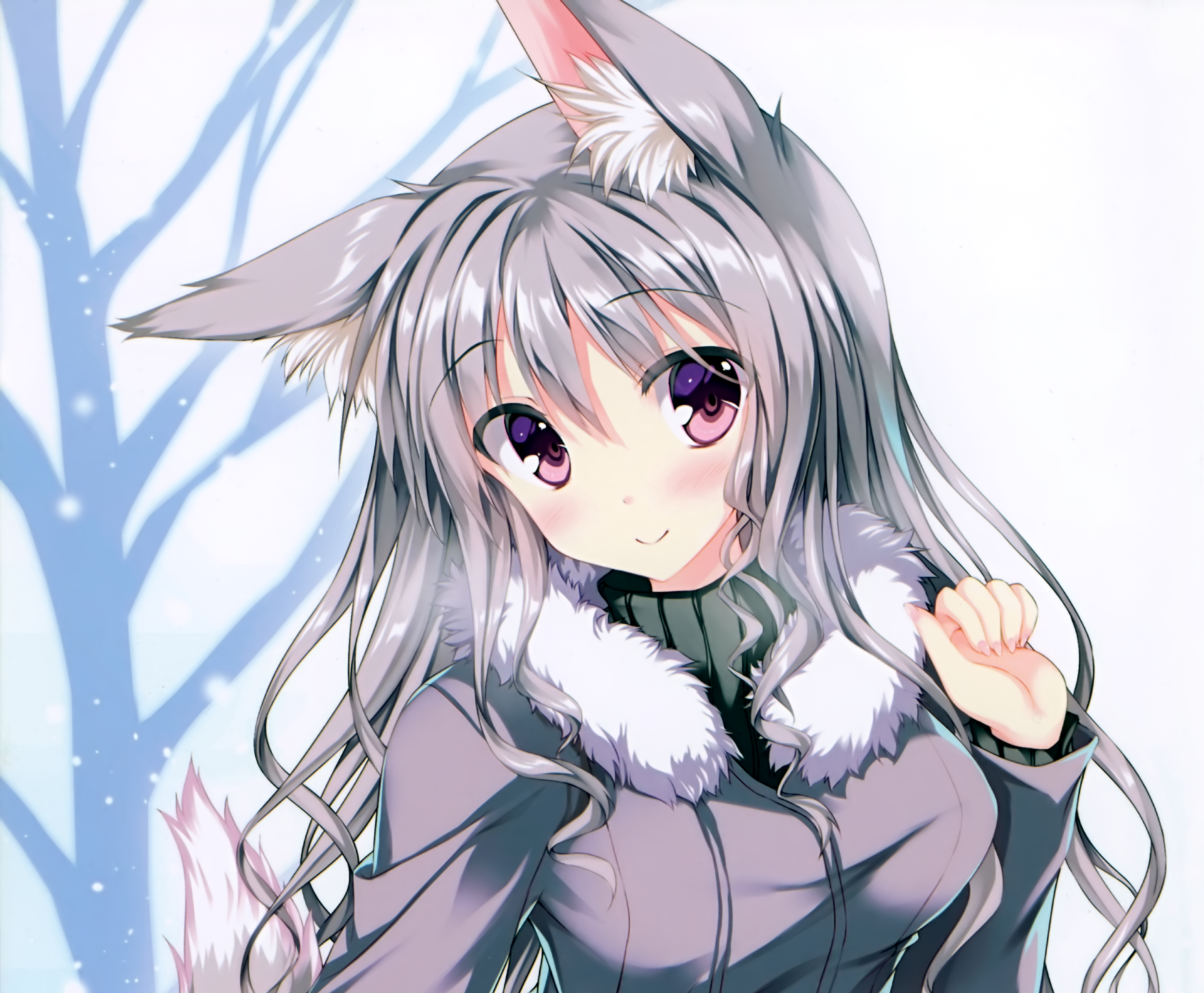 Download Pink Eyes Blush Smile Snow Coat Grey Hair Long Hair Anime Original HD Wallpaper by Tateha