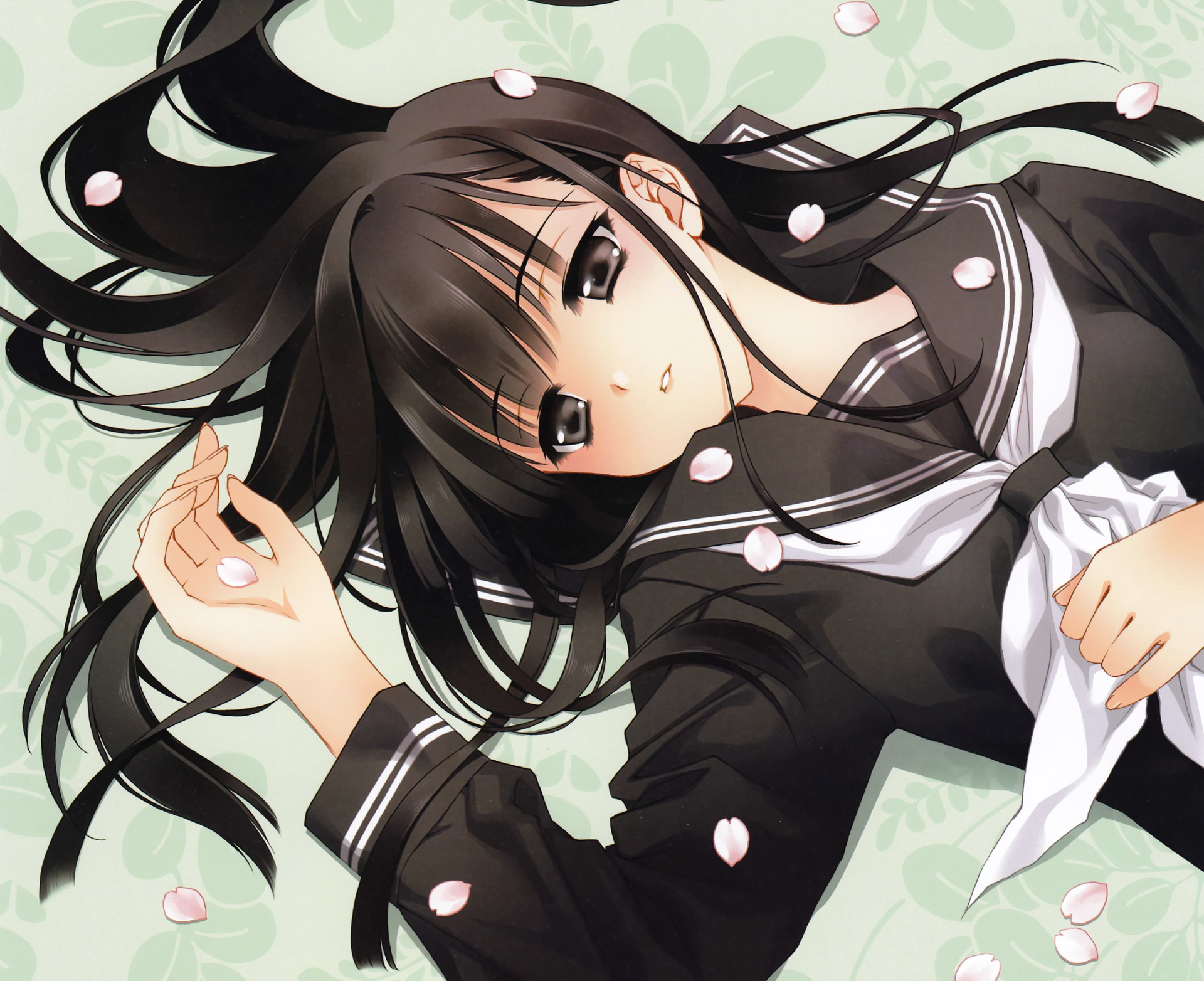 Anime original girl with long black hair and brown eyes, lying amid falling cherry petals — HD PC desktop wallpaper/background.
