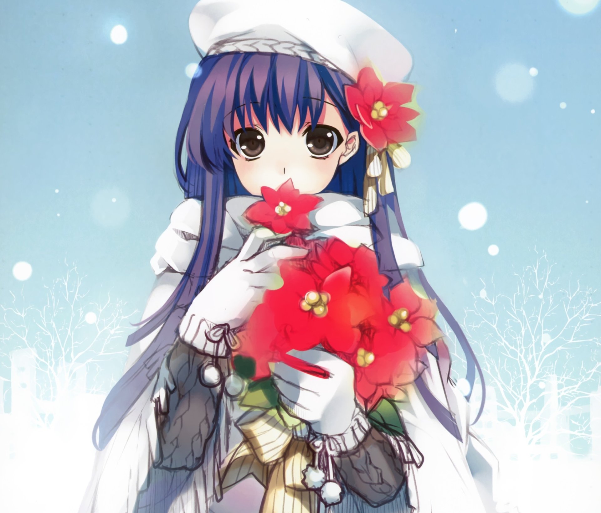 Download Brown Eyes Glove Bow (Clothing) Purple Hair Long Hair Snow Hat Flower Anime Original HD Wallpaper by Riv
