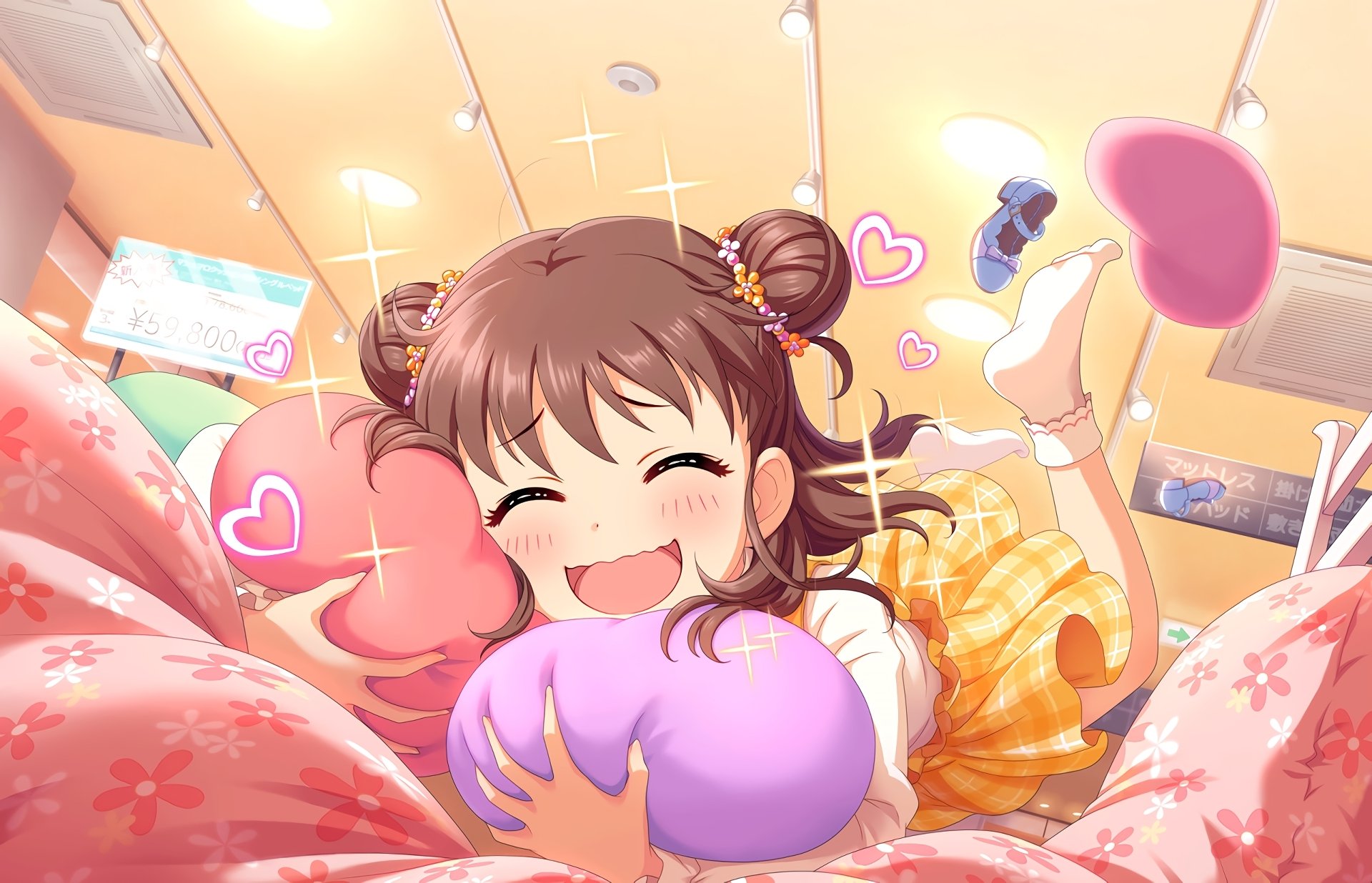 Atsumi Munakata from The iDOLM@STER Cinderella Girls anime, beaming and hugging colorful heart pillows amid sparkles in a cozy bedroom — HD PC desktop wallpaper/background.