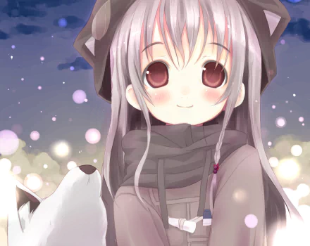 blush grey hair long hair hat scarf red eyes cat girl Anime Original HD Desktop Wallpaper | Background Image