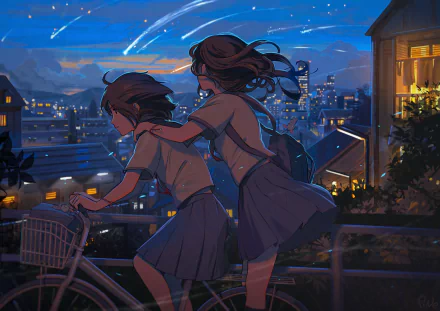 Two anime characters ride a bike through a city at night, with a stunning comet shower illuminating the sky. The HD image, tagged as night, city, bike, comet, anime, and original, serves as a desktop wallpaper.
