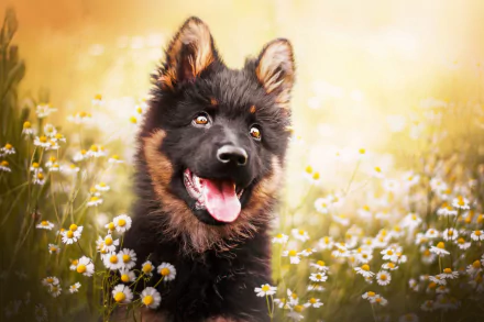 HD desktop wallpaper featuring a cute German Shepherd puppy with a happy expression, surrounded by blooming daisies in a sunny meadow.