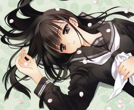 Anime original girl with long black hair and brown eyes, lying amid falling cherry petals — HD PC desktop wallpaper/background.