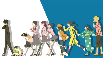 Anime-inspired HD wallpaper featuring characters Meme Oshino, Tsukihi Araragi, Suruga Kanbaru, Hitagi Senjōgahara, Tsubasa Hanekawa, Mayoi Hachikuji, Shinobu Oshino, and Koyomi Araragi from the Monogatari series.