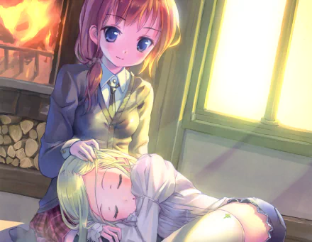 Anime original 2K Quad HD desktop wallpaper: long-haired brown-haired girl with blue eyes and tie sitting by a warm window, cradling a sleeping green-haired girl.