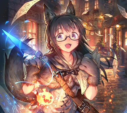 Anime girl with glasses and a fox-like tail holding a glowing blue dagger in a warm fantasy street — Rage of Bahamut video game 2K Quad HD PC desktop wallpaper and background.
