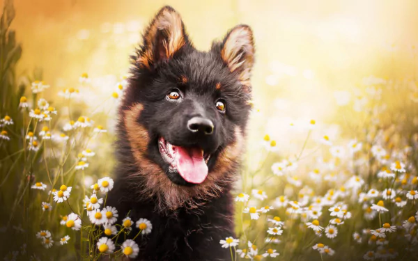 HD desktop wallpaper featuring a cute German Shepherd puppy with a happy expression, surrounded by blooming daisies in a sunny meadow.