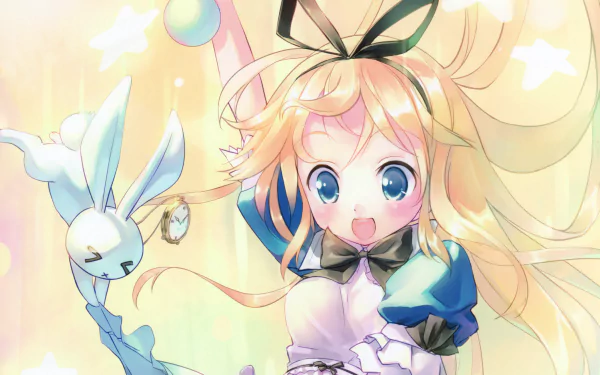 Anime Alice (Alice in Wonderland) with the White Rabbit in a bright pastel HD PC desktop wallpaper — joyful blonde in a blue dress clutching a pocket watch.