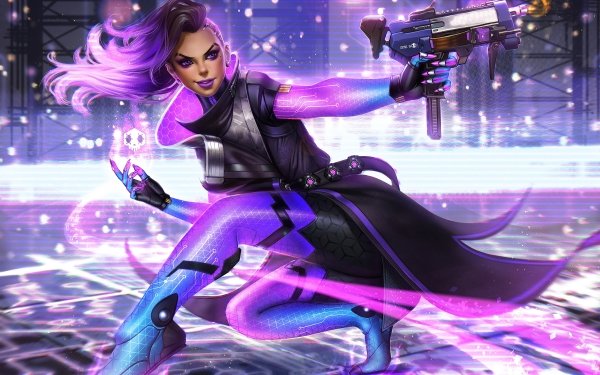 Video Game Overwatch Sombra Woman Warrior Weapon Purple Hair Purple Eyes Lipstick HD Wallpaper | Background Image
