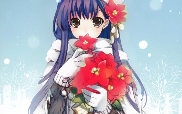 Anime Original Flower Hat Snow Long Hair Purple Hair bow Glove Brown Eyes HD Wallpaper | Background Image