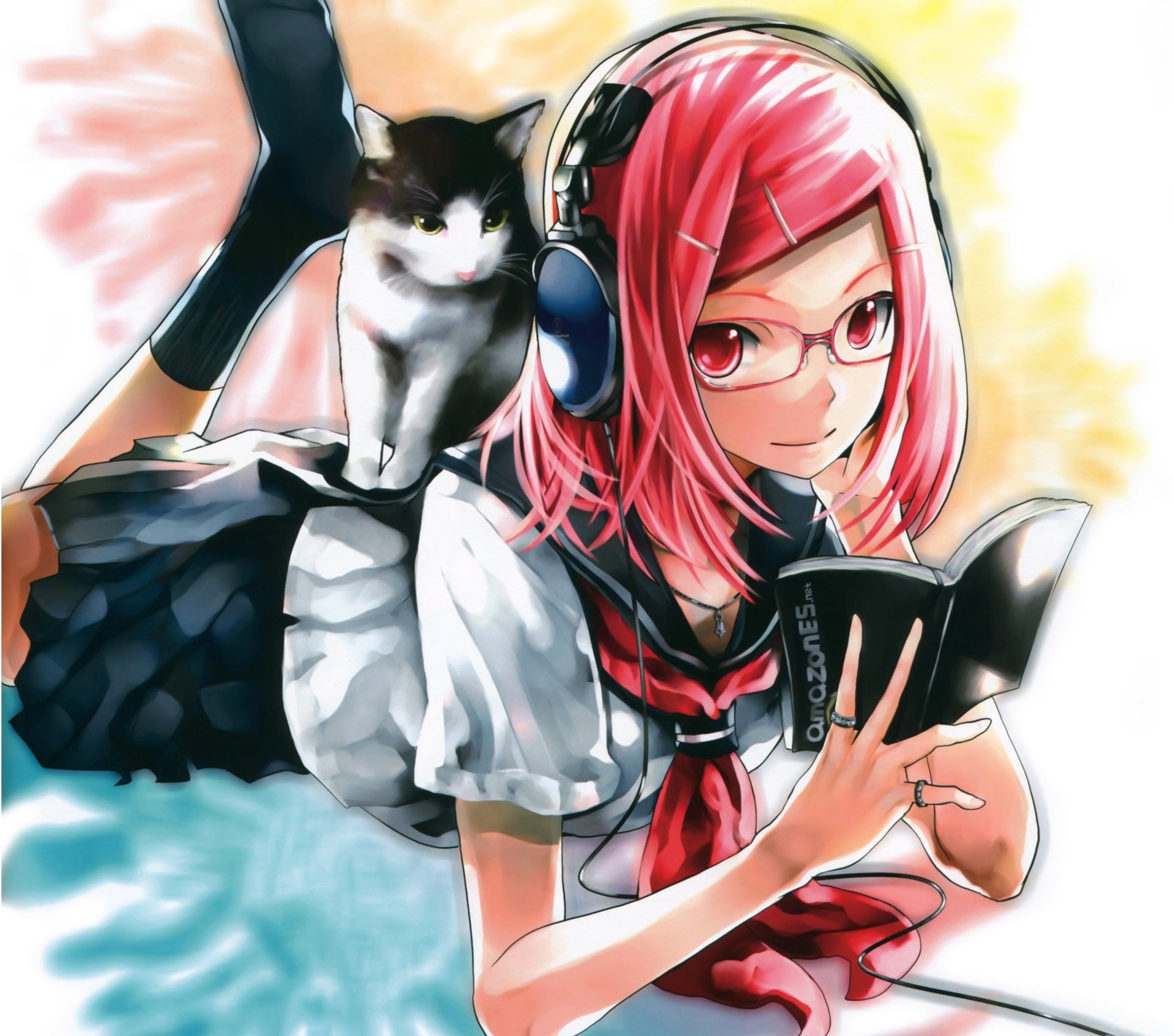 Download Red Eyes Pink Hair Short Hair Glasses Smile Cat Book Anime Headphones Anime Cat HD Wallpaper by KEI