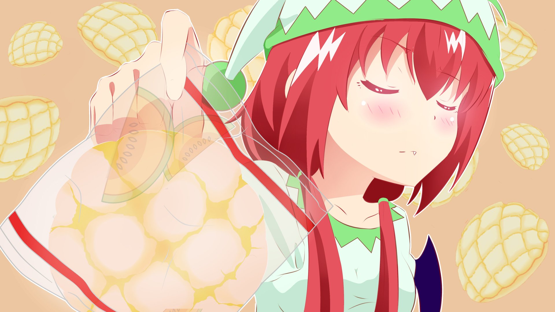 A vibrant HD desktop wallpaper featuring Satanichia Kurumizawa McDowell from Gabriel DropOut holding a melon against a background of melon-themed patterns.