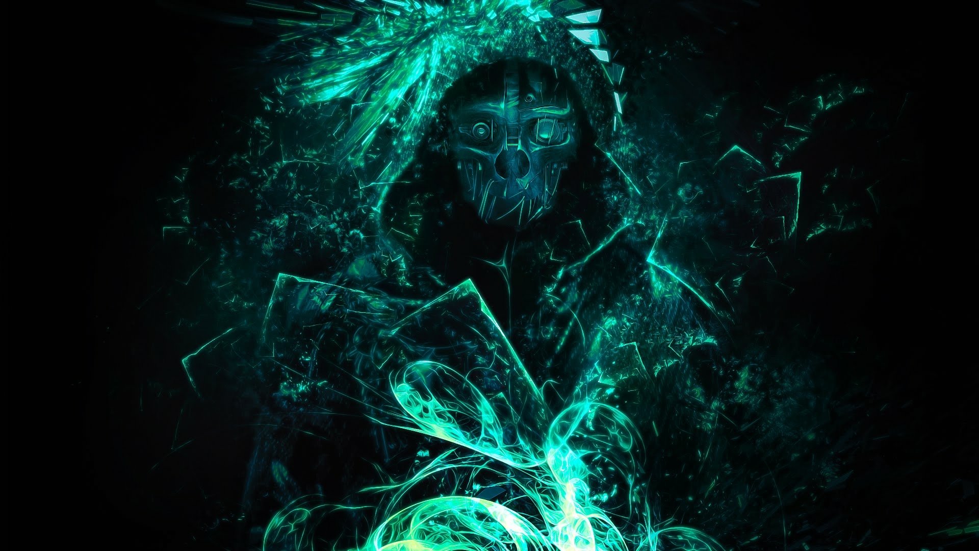 A captivating HD desktop wallpaper featuring a mysterious character from the video game Dishonored, surrounded by vibrant, swirling green energy.