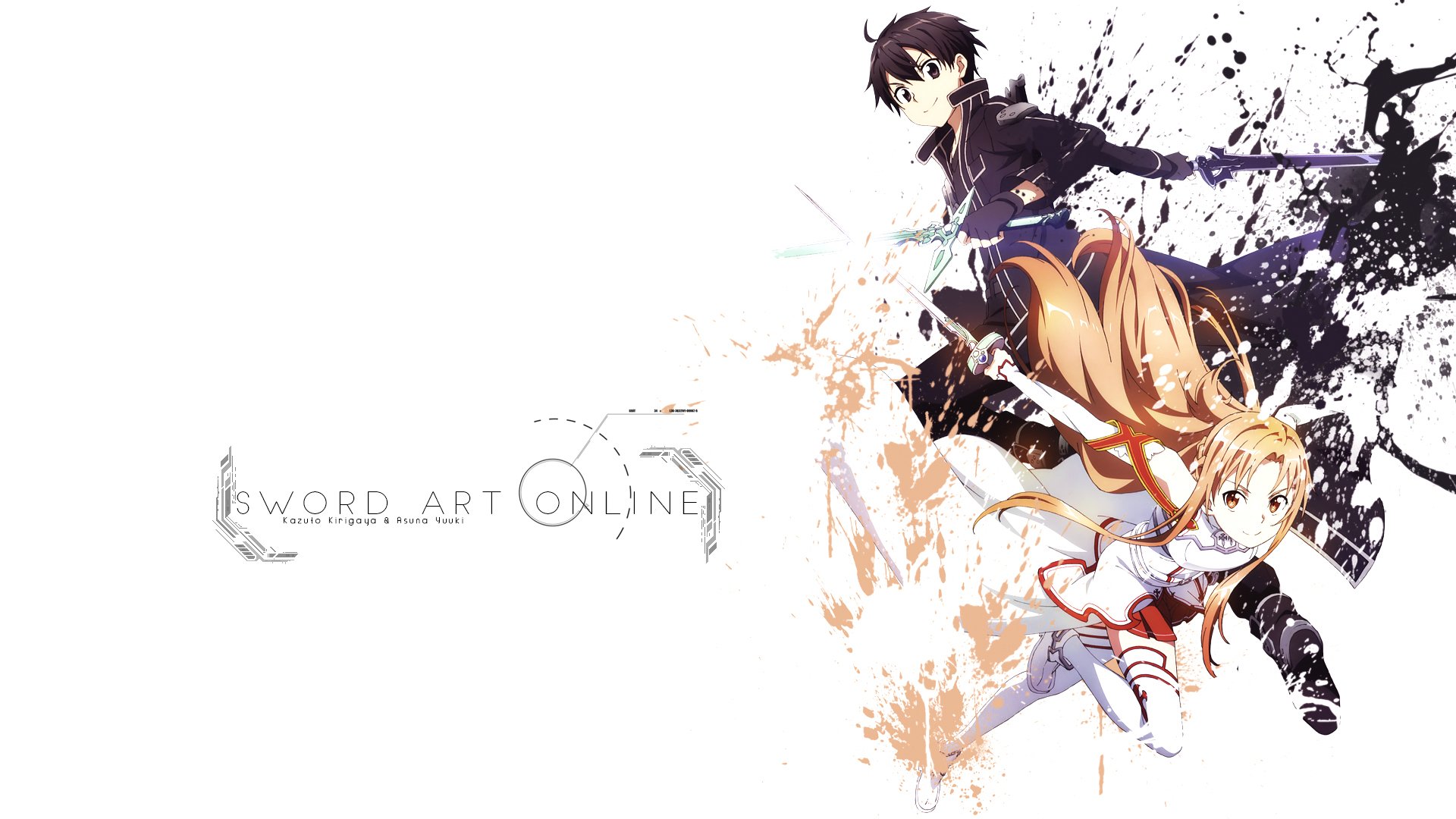 HD PC wallpaper featuring Asuna Yuuki and Kazuto Kirigaya from the anime Sword Art Online with a dynamic, action-packed design and white background.