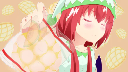 A vibrant HD desktop wallpaper featuring Satanichia Kurumizawa McDowell from Gabriel DropOut holding a melon against a background of melon-themed patterns.